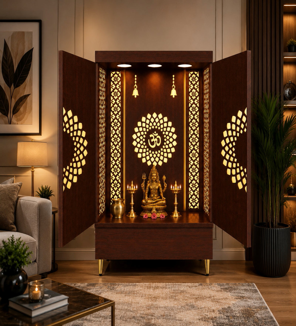 Contemporary Wooden Temple with Illuminated Om and Side Panels