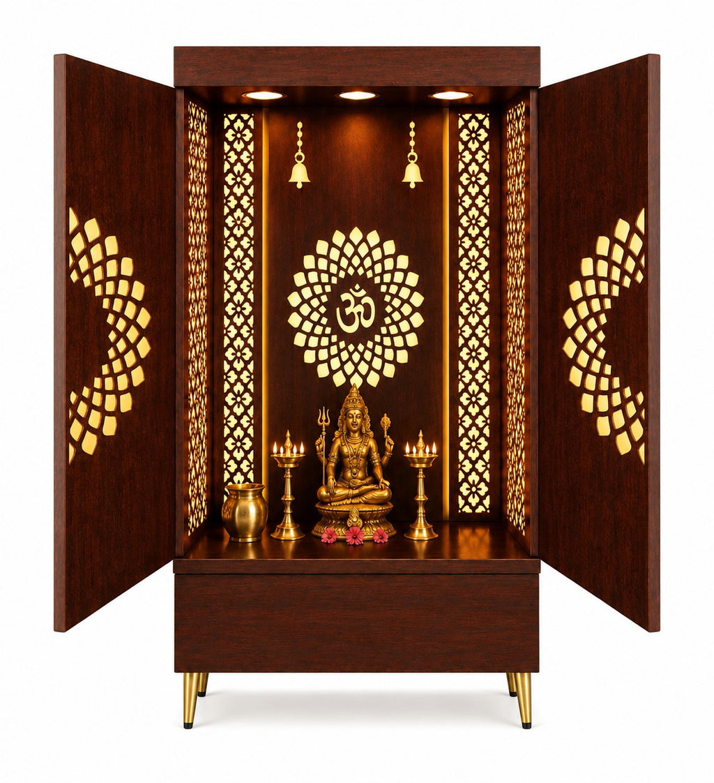 Contemporary Wooden Temple with Illuminated Om and Side Panels