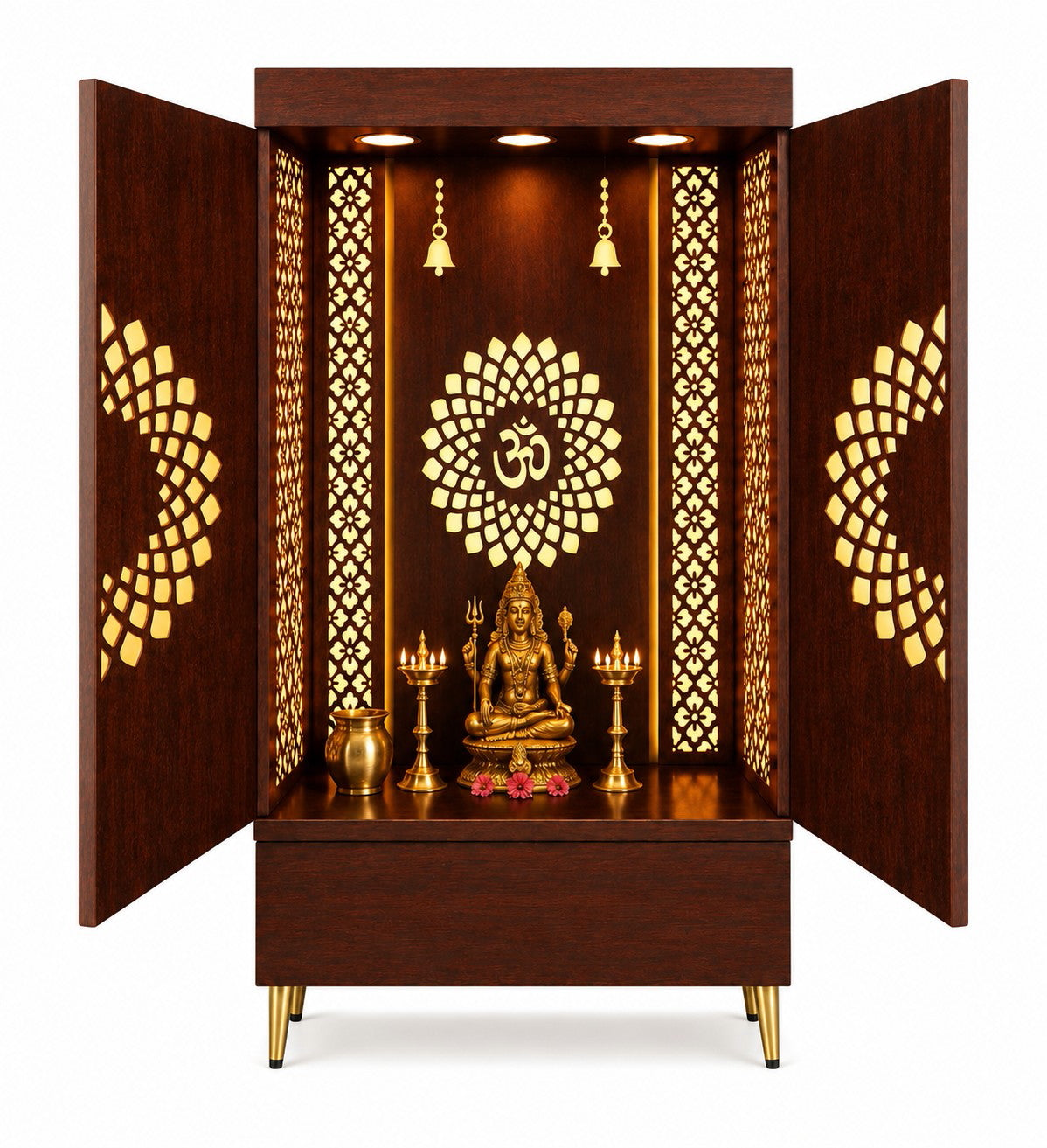 Contemporary Wooden Temple with Illuminated Om and Side Panels