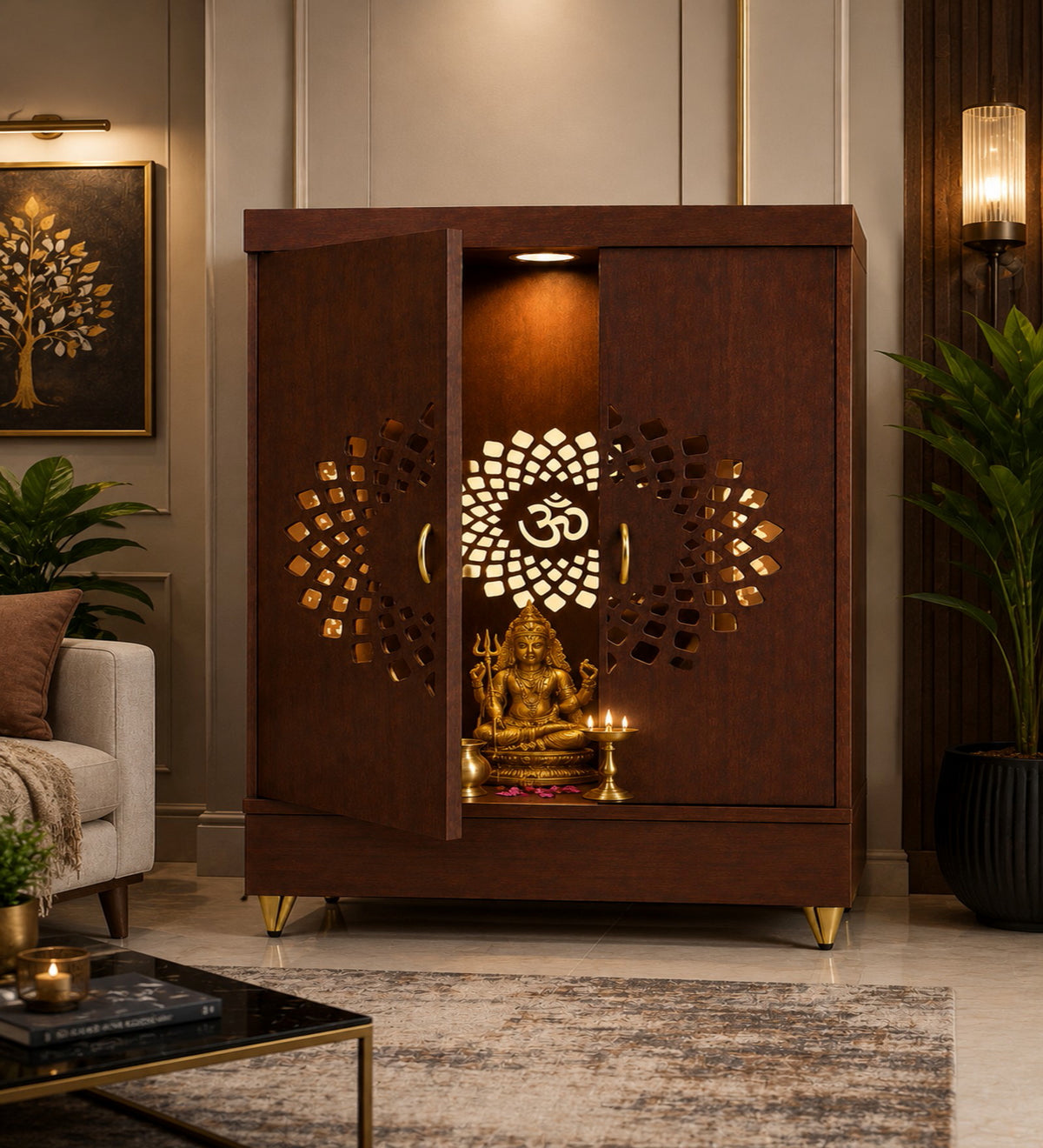 Contemporary Wooden Temple with Illuminated Om and Side Panels