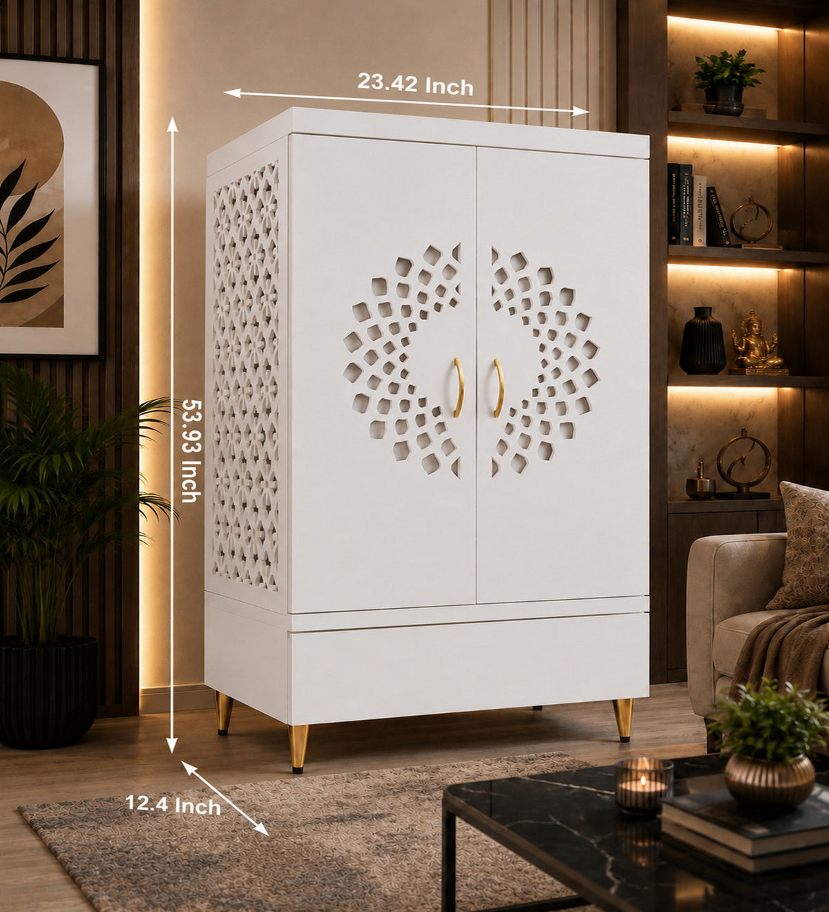 Contemporary Wooden Temple with Illuminated Om and Side Panels