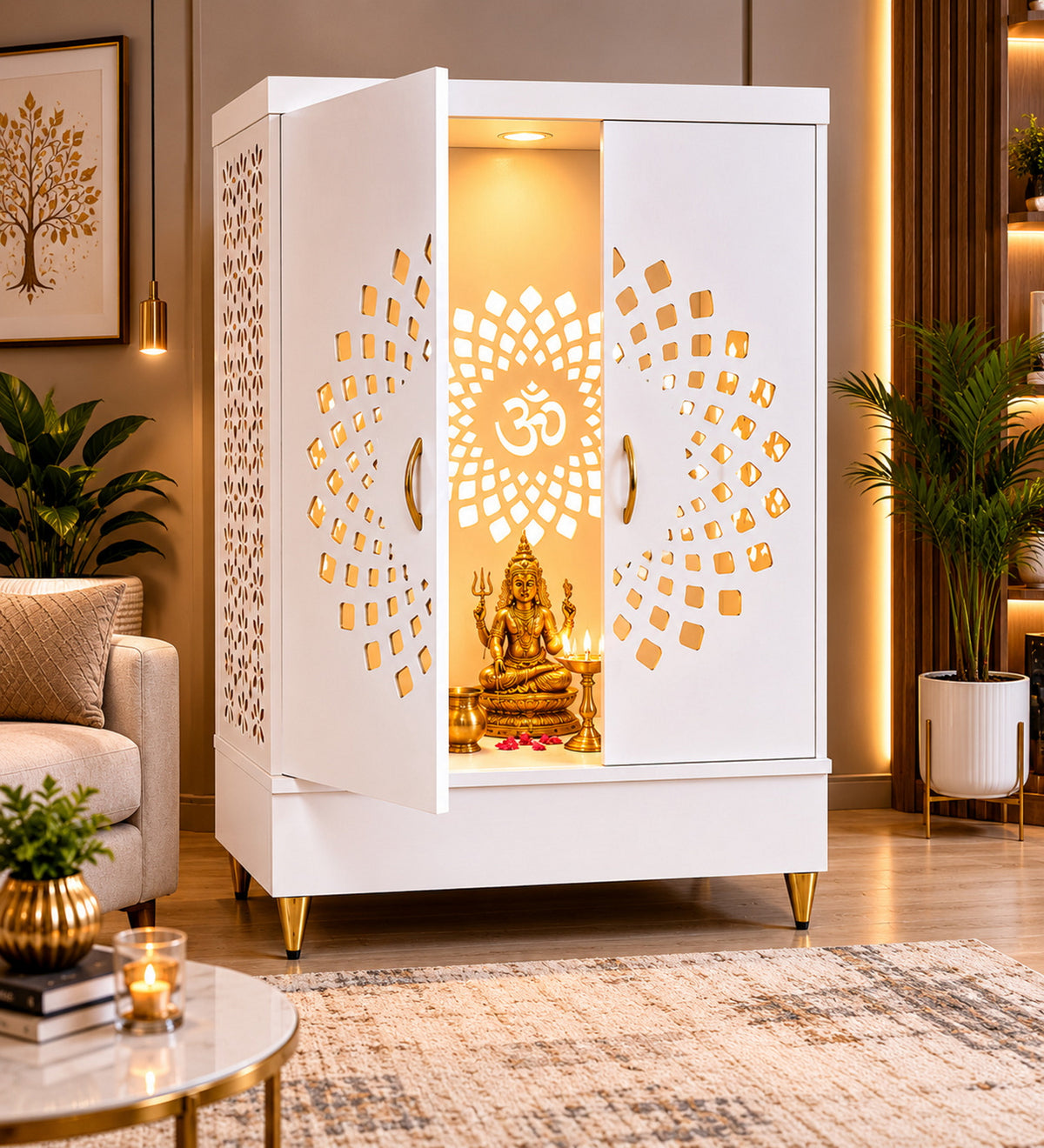 Contemporary Wooden Temple with Illuminated Om and Side Panels