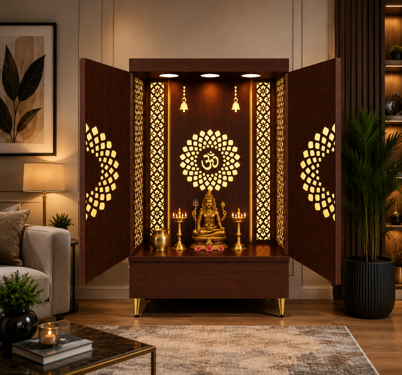 Contemporary Wooden Temple with Illuminated Om and Side Panels