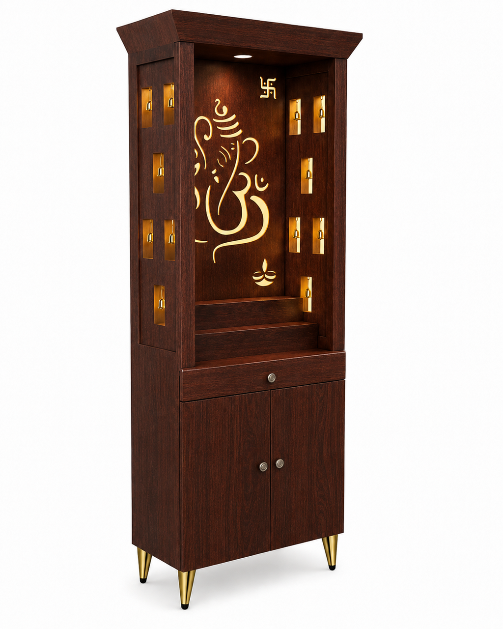 Contemporary Puja Unit with Storage and Designer Ganesha Back