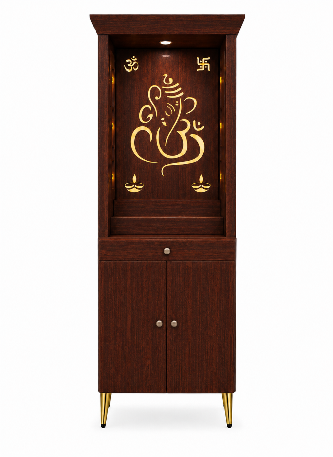 Contemporary Puja Unit with Storage and Designer Ganesha Back