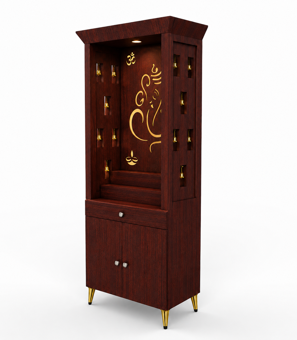 Contemporary Puja Unit with Storage and Designer Ganesha Back