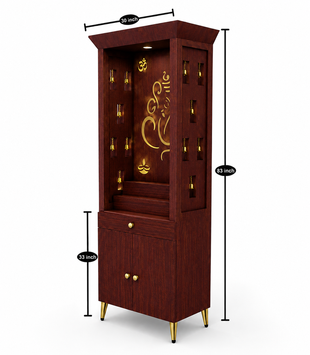 Contemporary Puja Unit with Storage and Designer Ganesha Back