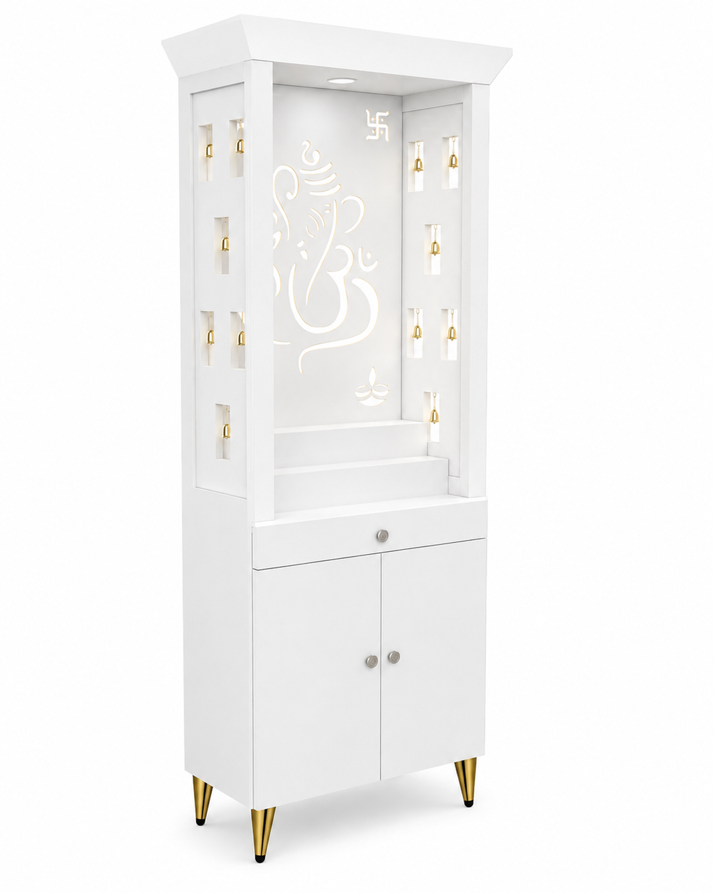 Contemporary Puja Unit with Storage and Designer Ganesha Back