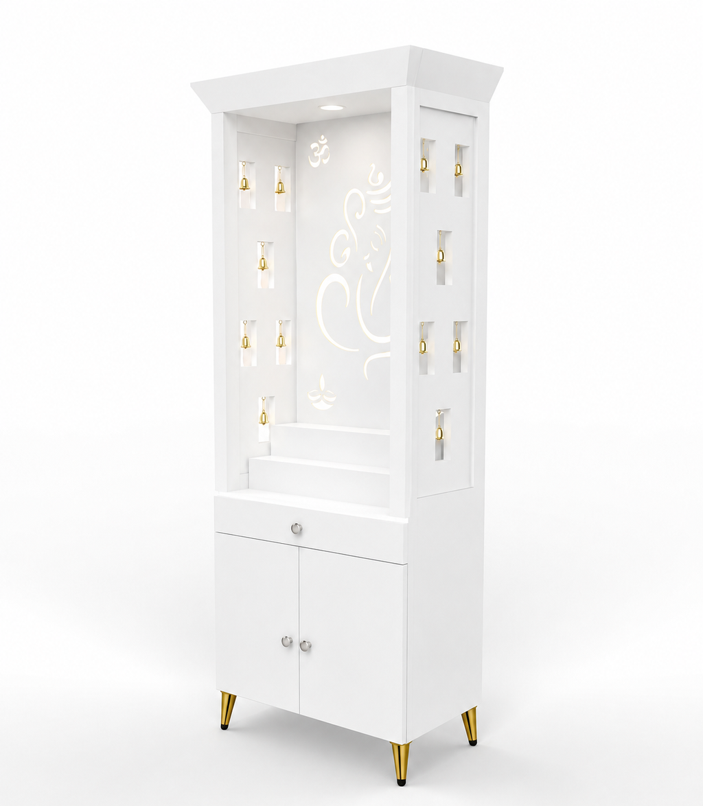 Contemporary Puja Unit with Storage and Designer Ganesha Back