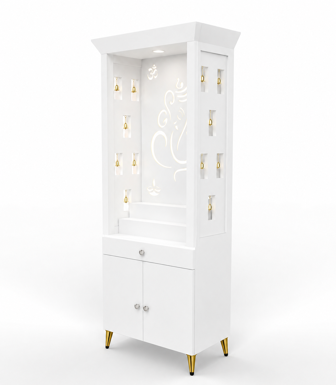 Contemporary Puja Unit with Storage and Designer Ganesha Back