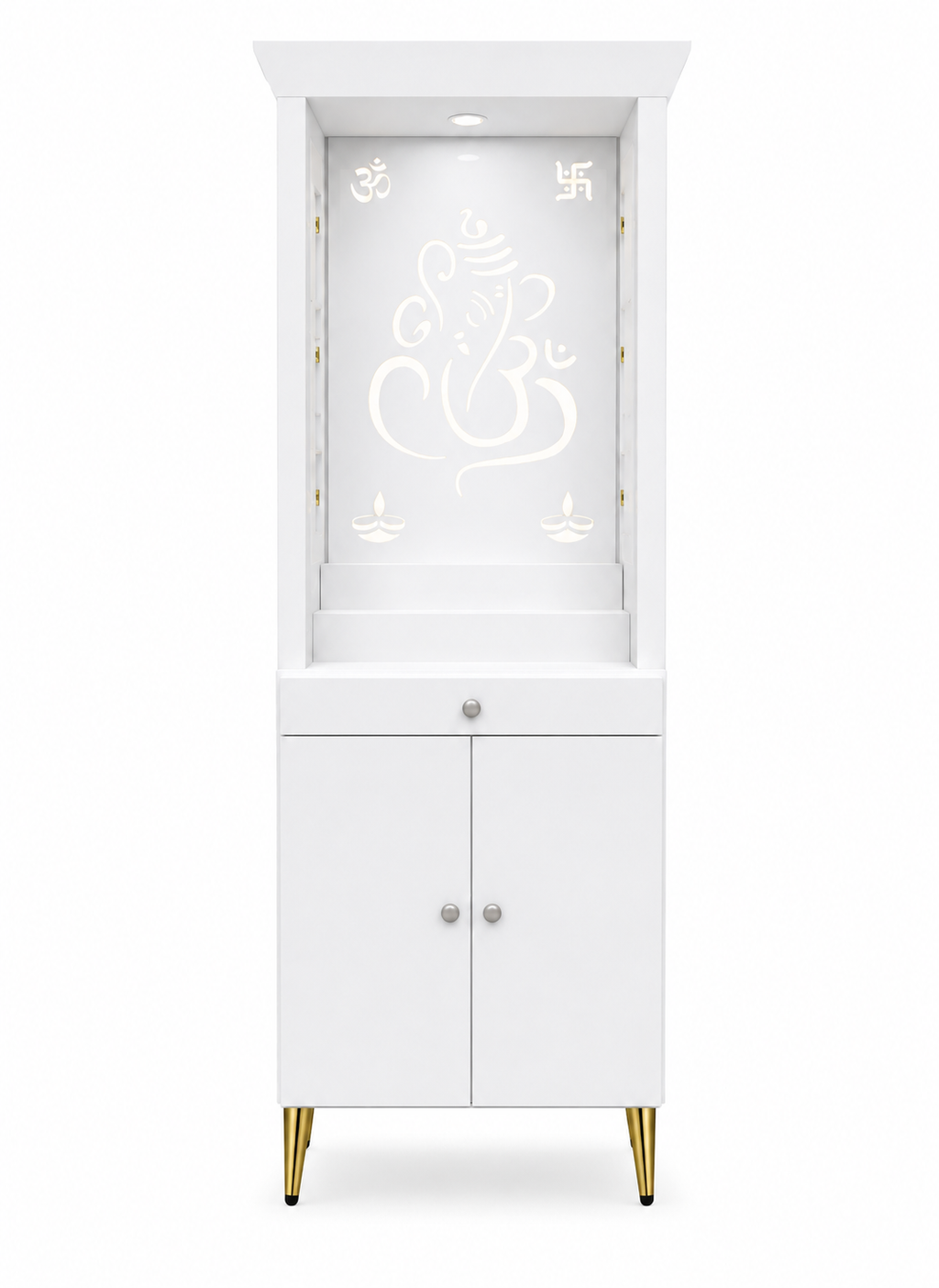 Contemporary Puja Unit with Storage and Designer Ganesha Back