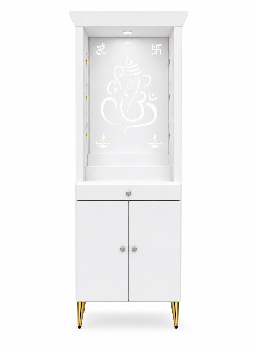 Contemporary Puja Unit with Storage and Designer Ganesha Back