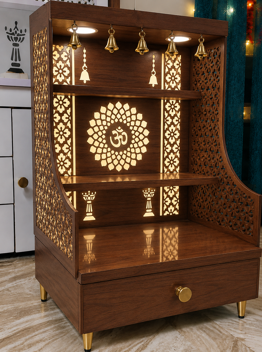 Small Home Mandir with Storage and Carved Floral Side Panels
