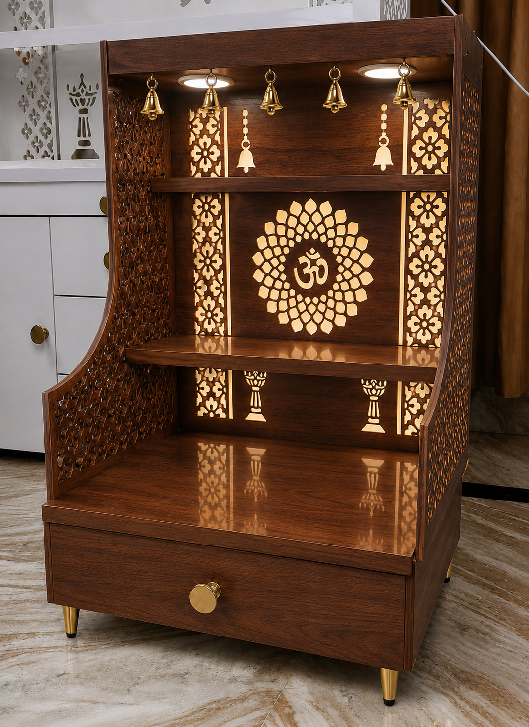 Small Home Mandir with Storage and Carved Floral Side Panels