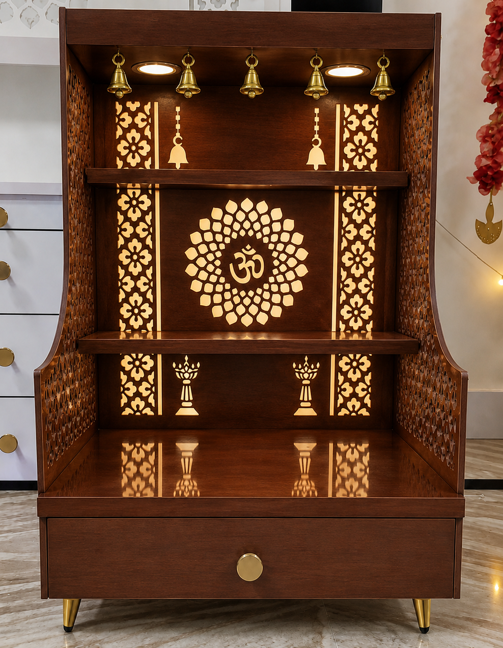 Small Home Mandir with Storage and Carved Floral Side Panels