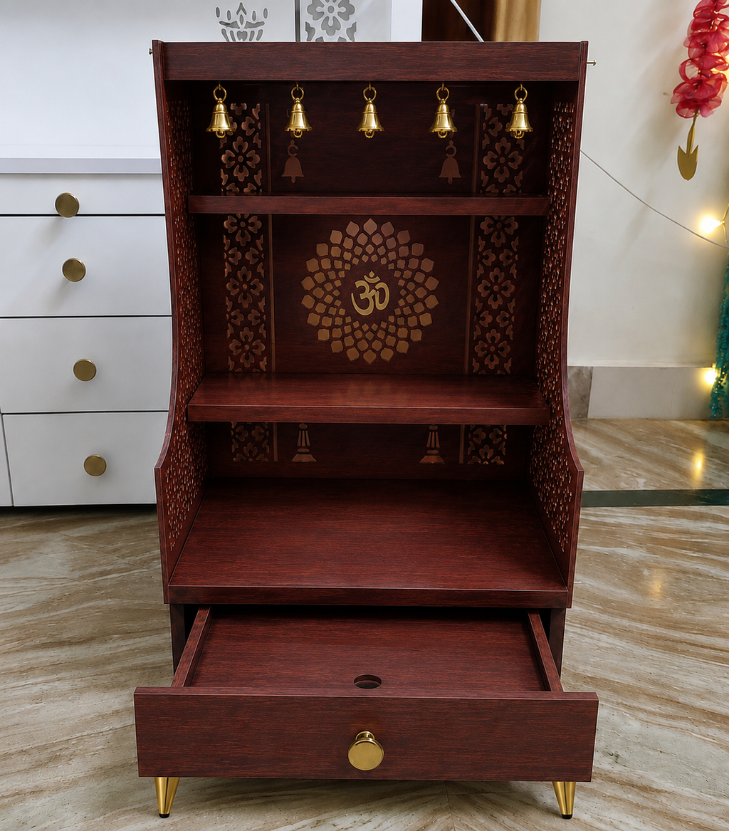 Small Home Mandir with Storage and Carved Floral Side Panels