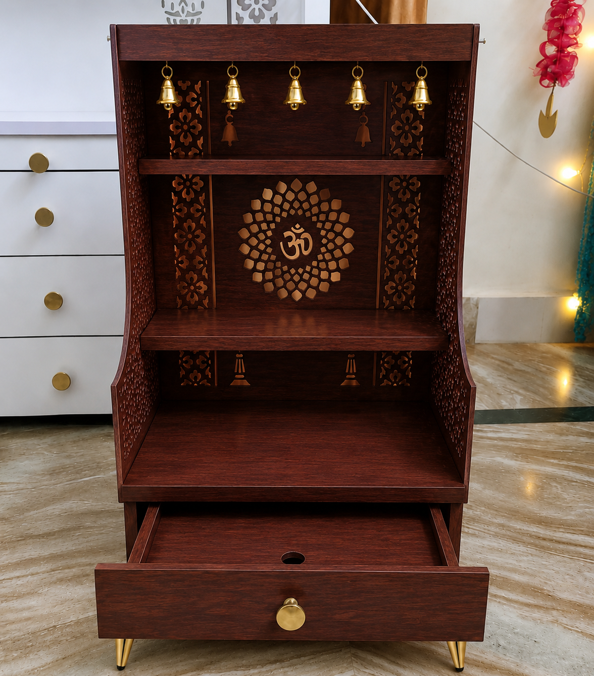 Small Home Mandir with Storage and Carved Floral Side Panels