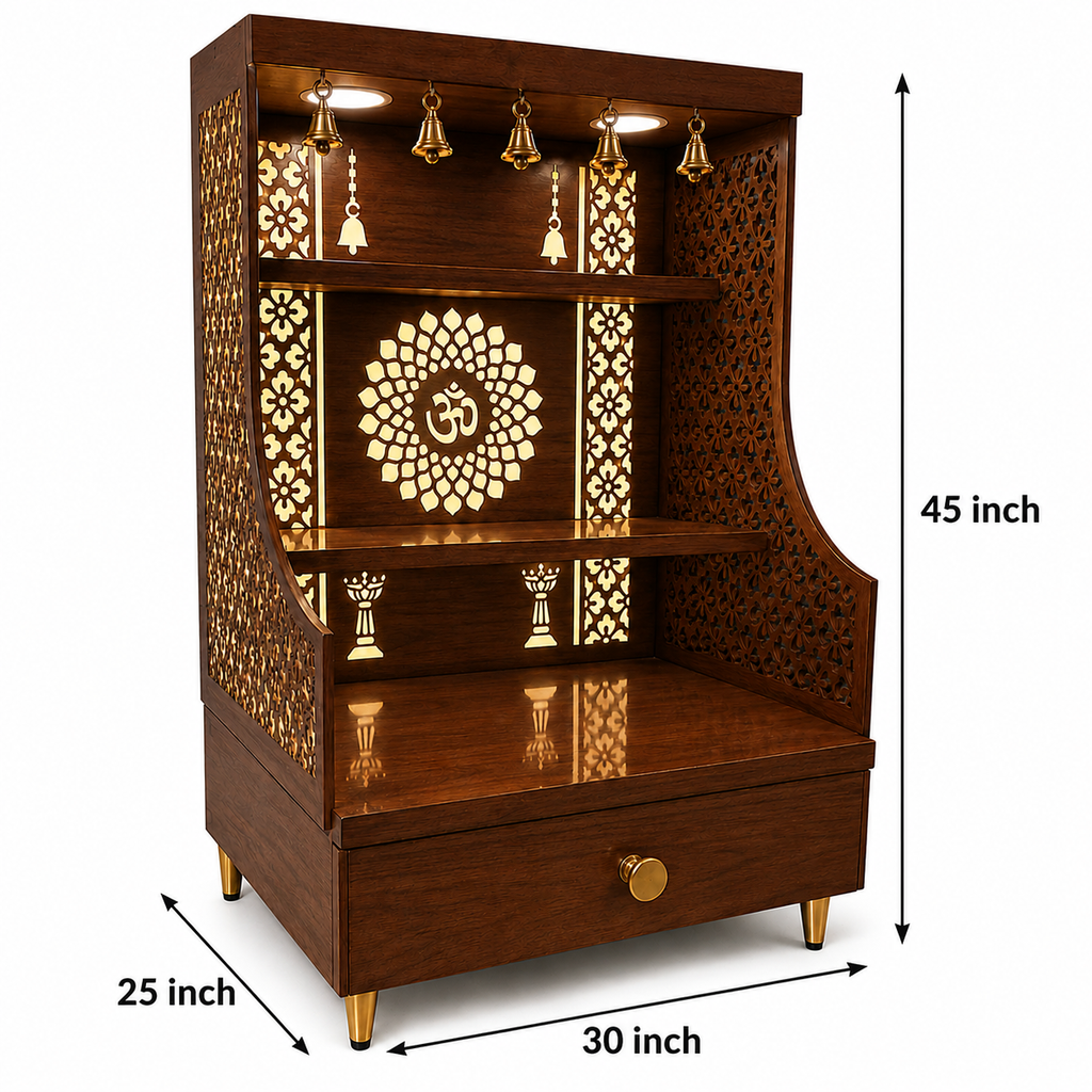 Small Home Mandir with Storage and Carved Floral Side Panels