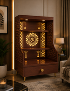 Small Home Mandir with Storage and Carved Floral Side Panels