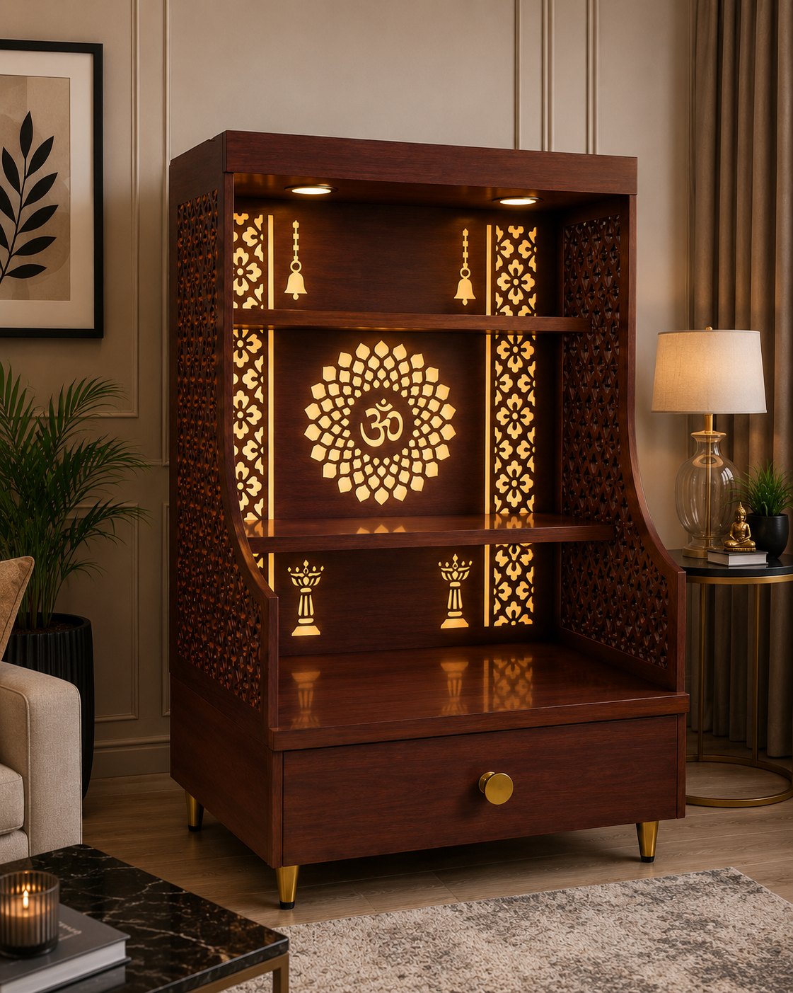 Small Home Mandir with Storage and Carved Floral Side Panels