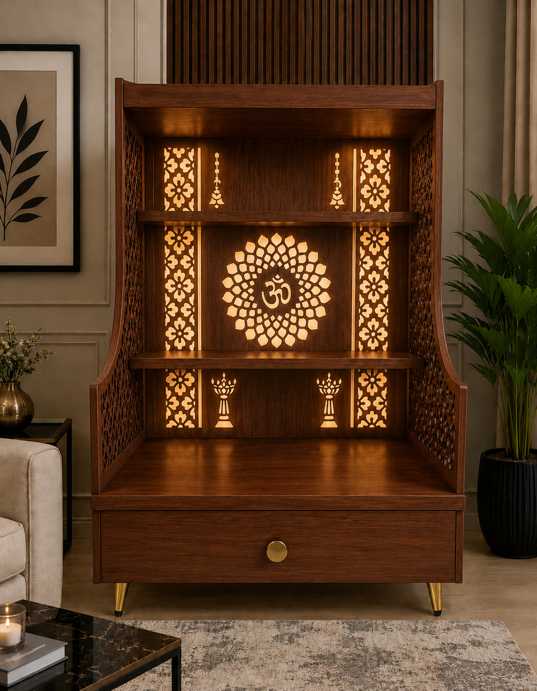 Small Home Mandir with Storage and Carved Floral Side Panels