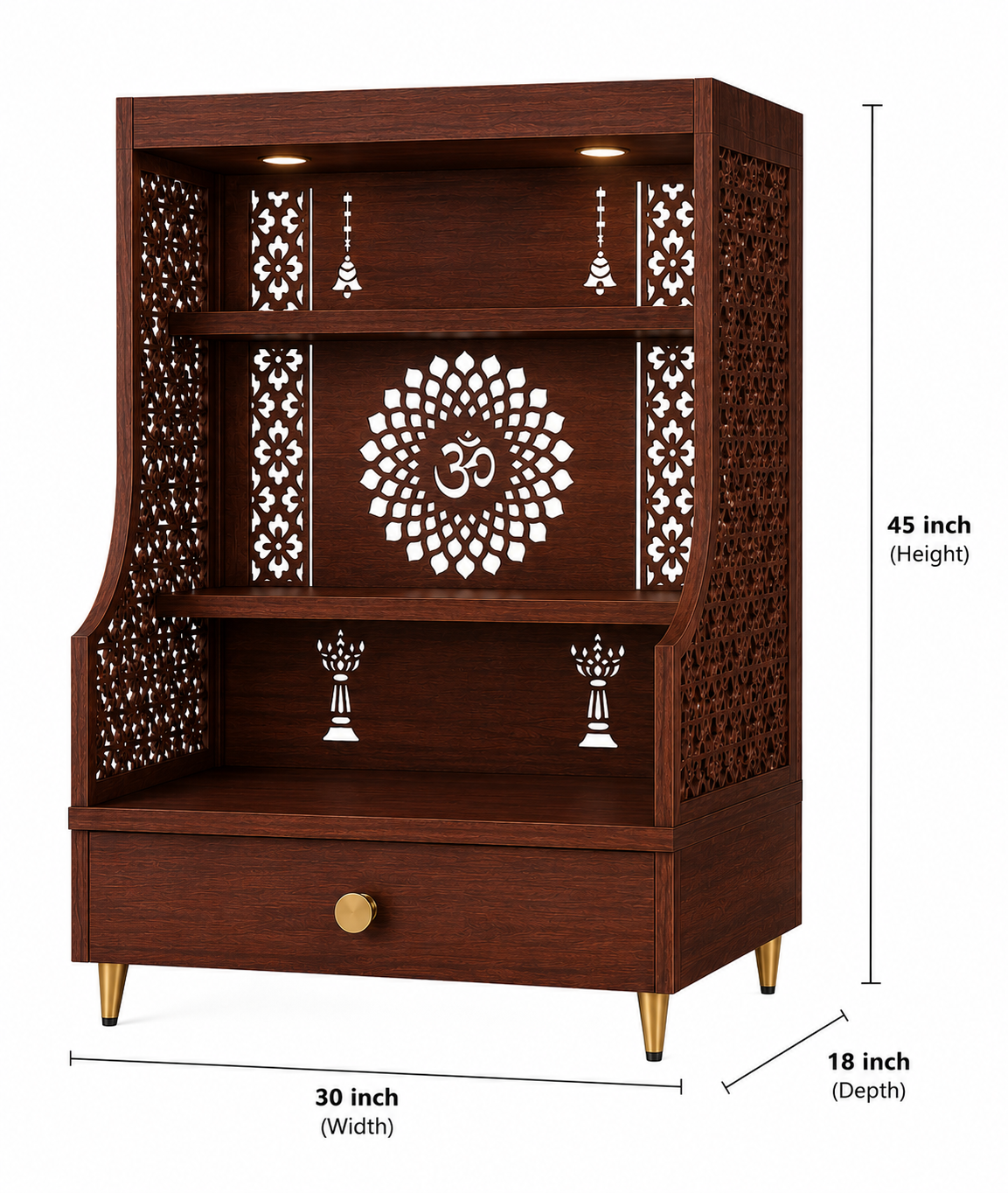 Small Home Mandir with Storage and Carved Floral Side Panels