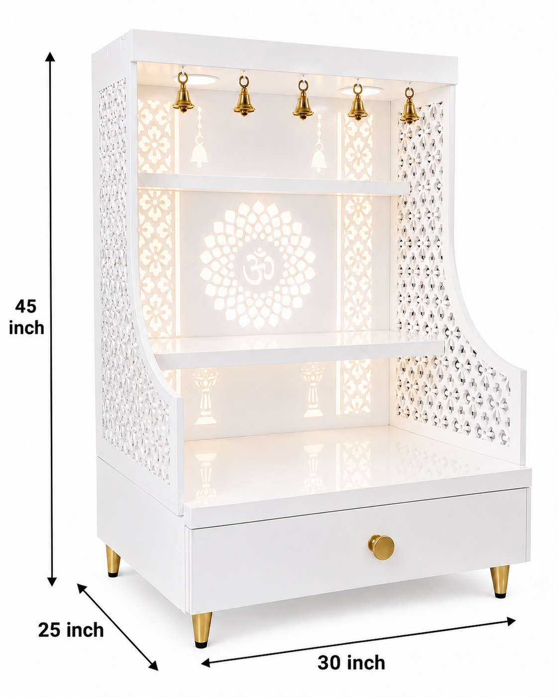 Small Home Mandir with Storage and Carved Floral Side Panels