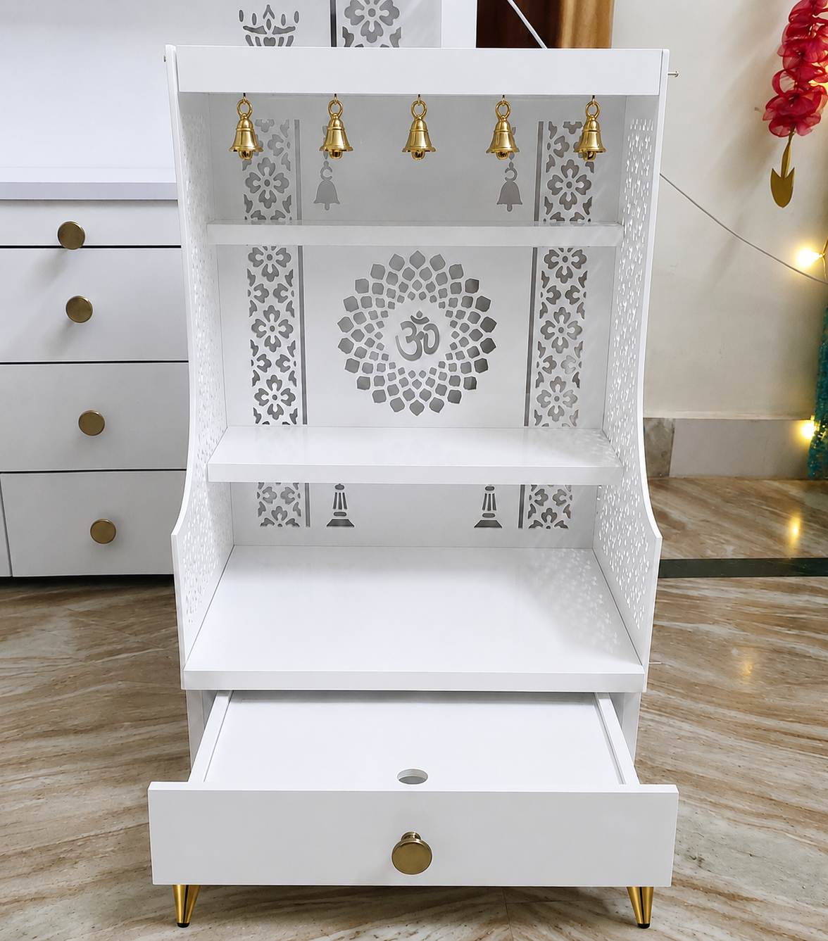 Small Home Mandir with Storage and Carved Floral Side Panels