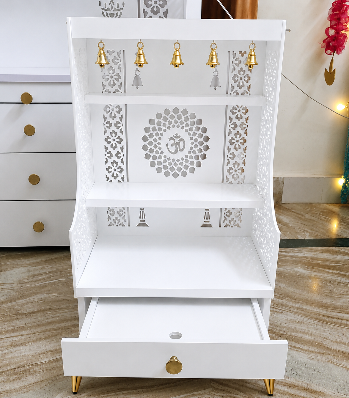 Small Home Mandir with Storage and Carved Floral Side Panels