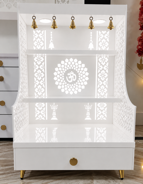 Small Home Mandir with Storage and Carved Floral Side Panels