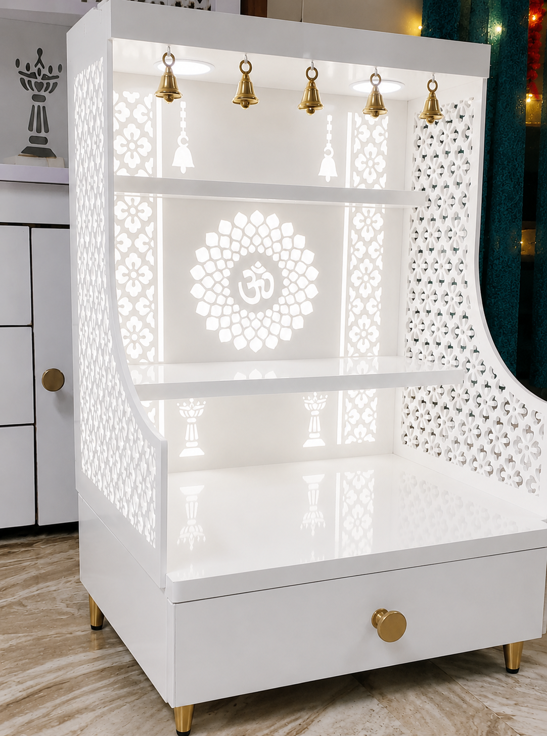 Small Home Mandir with Storage and Carved Floral Side Panels