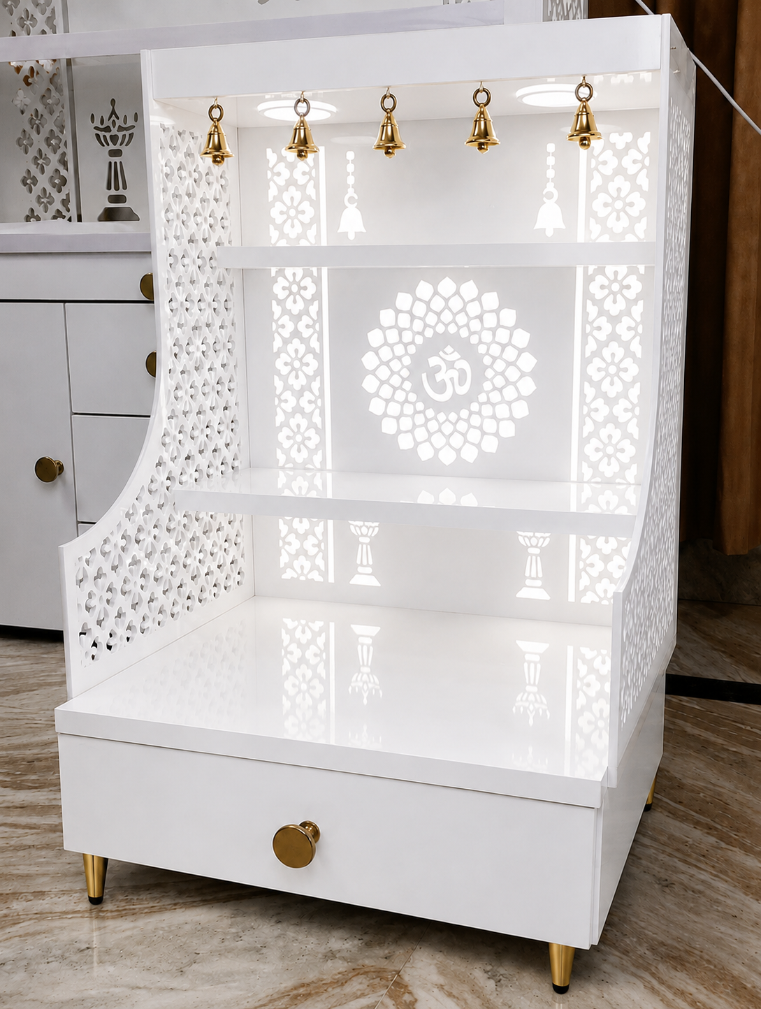 Small Home Mandir with Storage and Carved Floral Side Panels