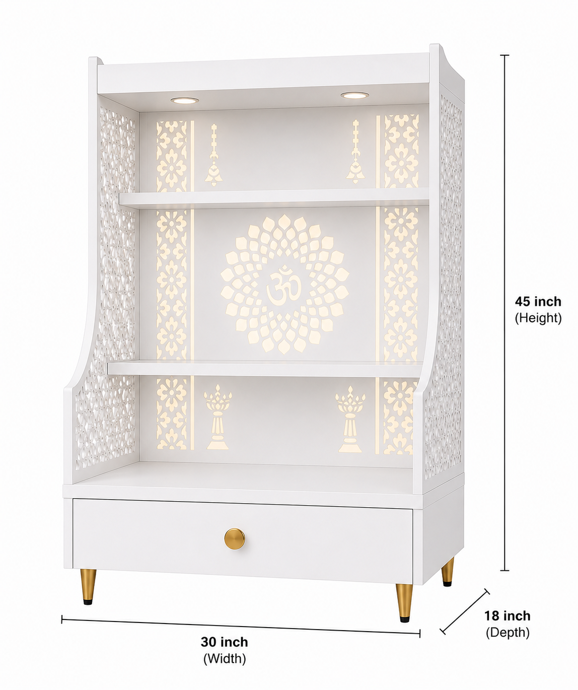 Small Home Mandir with Storage and Carved Floral Side Panels