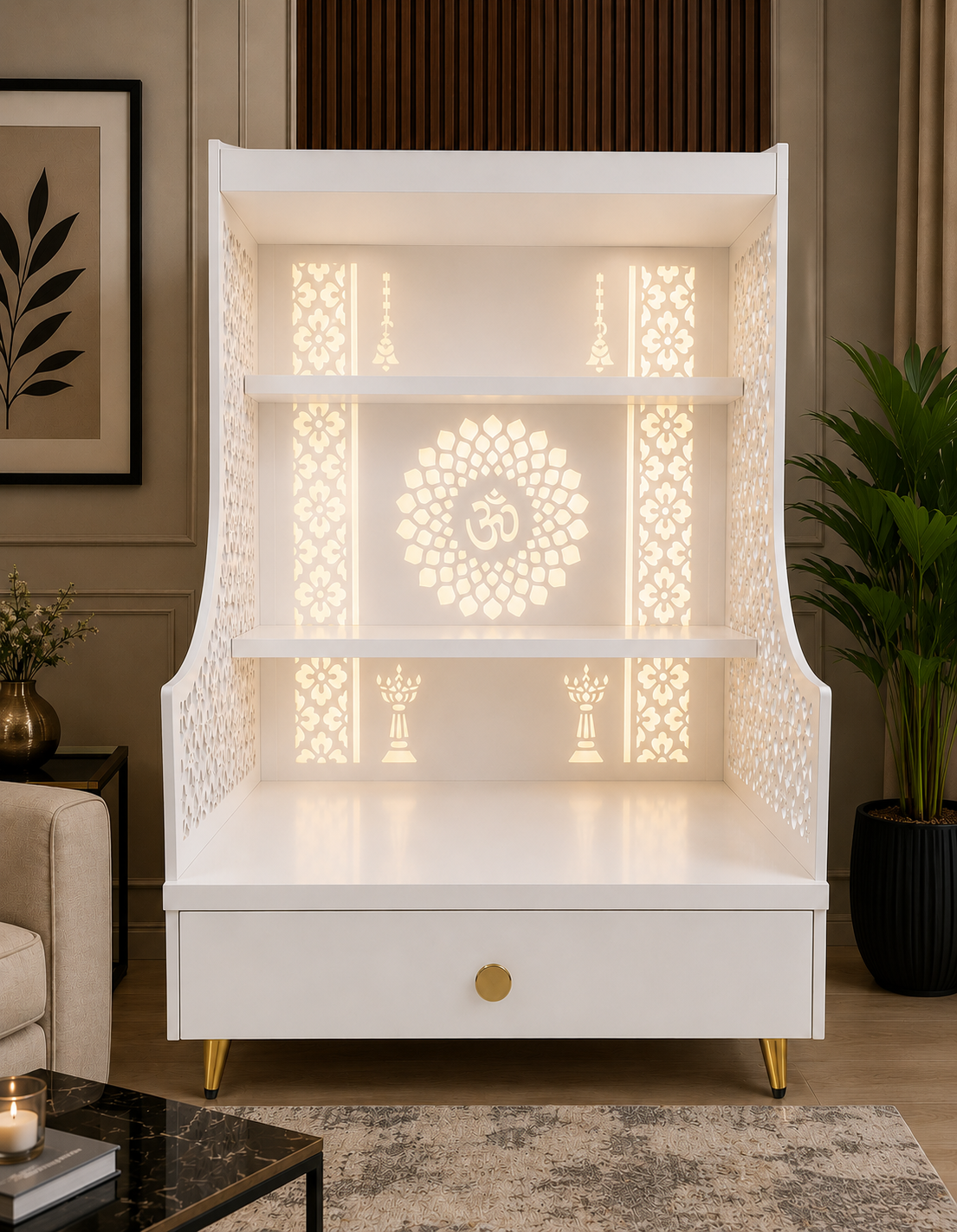 Small Home Mandir with Storage and Carved Floral Side Panels