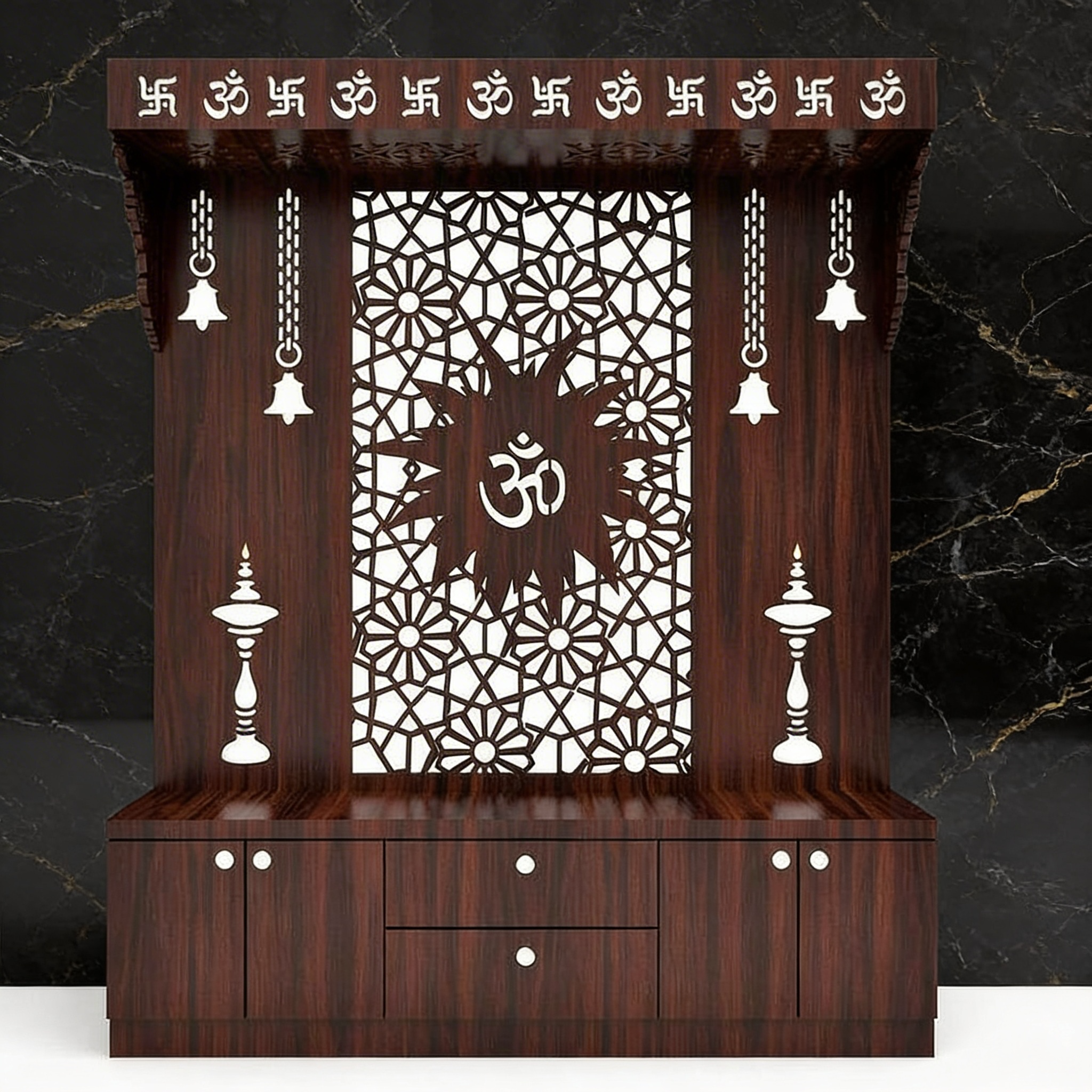 Spacious Wooden Pooja Mandir with Backlit Om Design and Storage