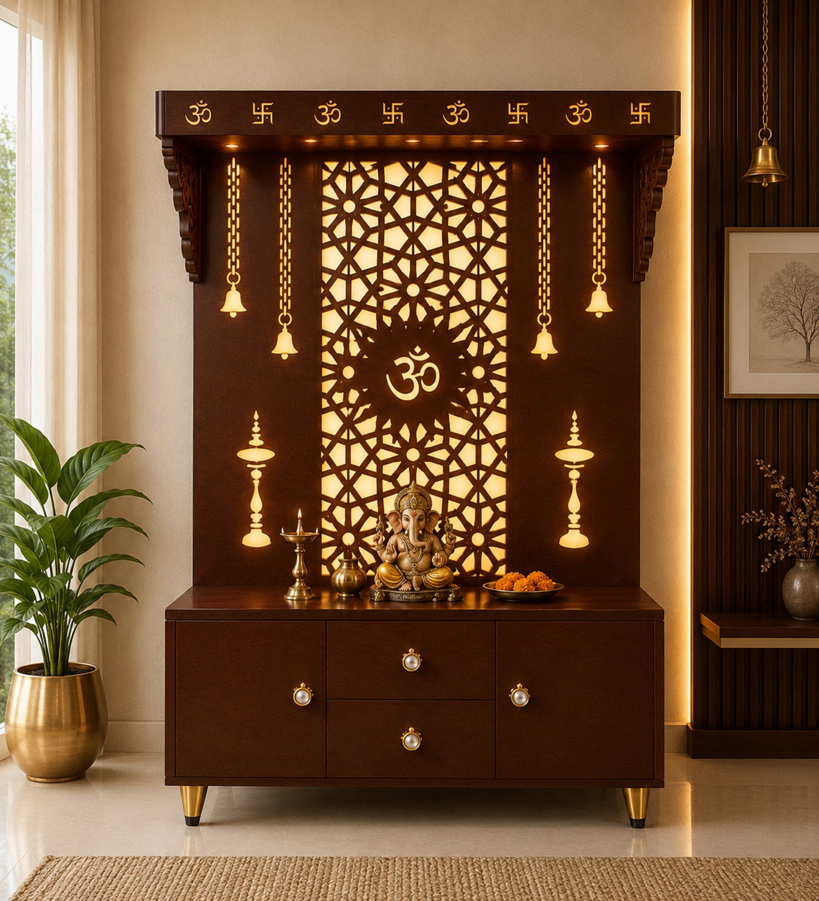 Spacious Wooden Pooja Mandir with Backlit Om Design and Storage