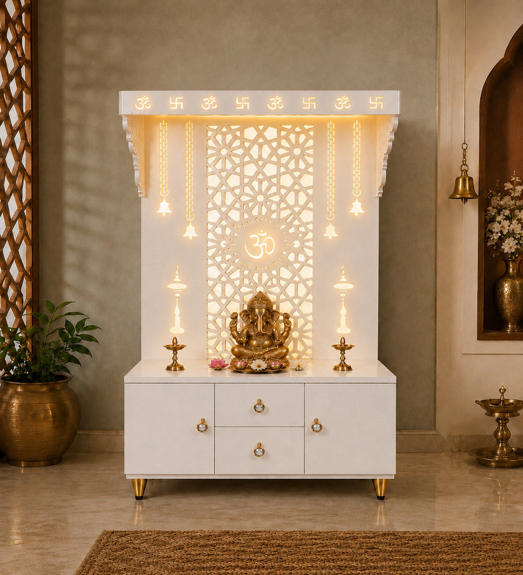 Spacious Wooden Pooja Mandir with Backlit Om Design and Storage