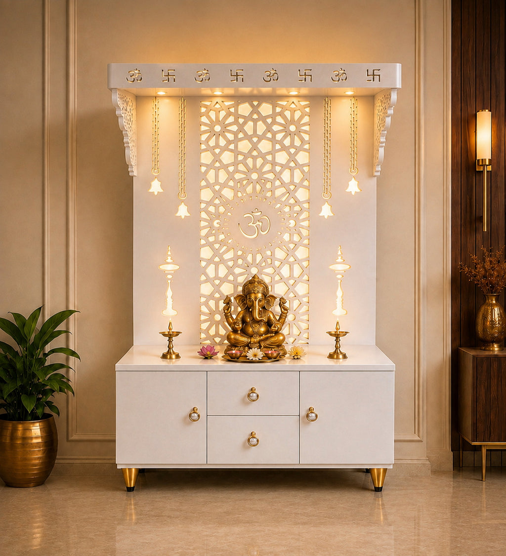 Spacious Wooden Pooja Mandir with Backlit Om Design and Storage