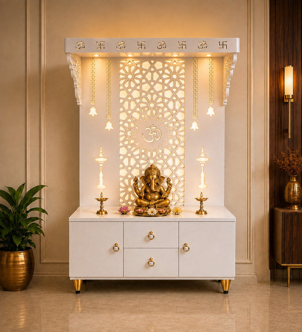 Spacious Wooden Pooja Mandir with Backlit Om Design and Storage