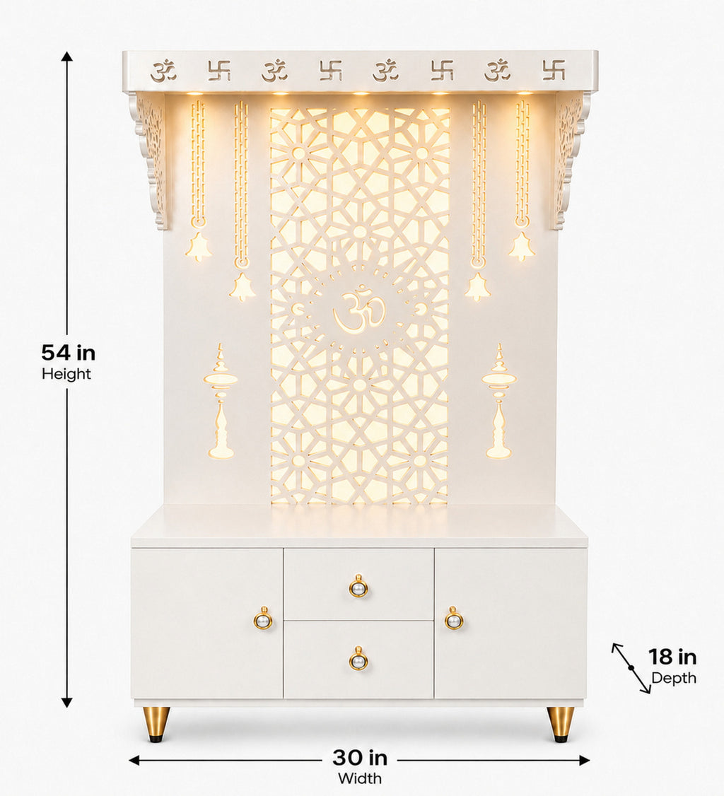Spacious Wooden Pooja Mandir with Backlit Om Design and Storage