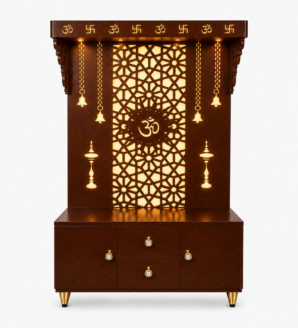 Spacious Wooden Pooja Mandir with Backlit Om Design and Storage