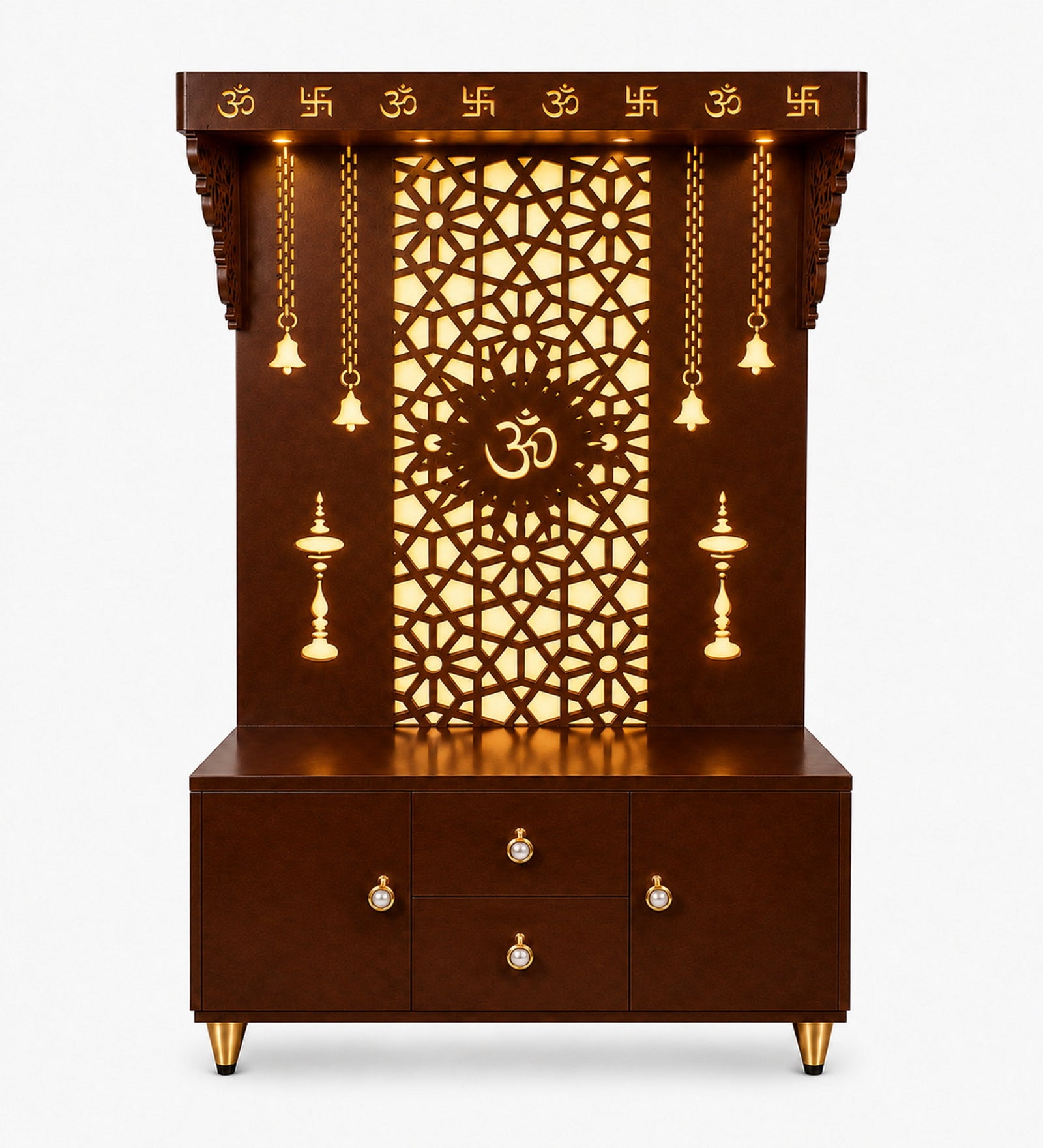 Spacious Wooden Pooja Mandir with Backlit Om Design and Storage