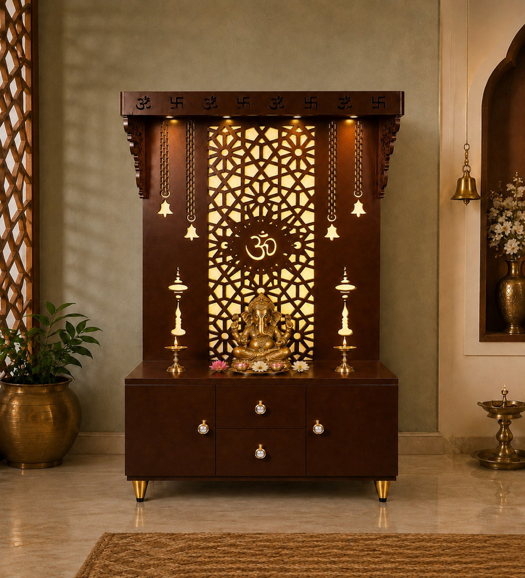 Spacious Wooden Pooja Mandir with Backlit Om Design and Storage