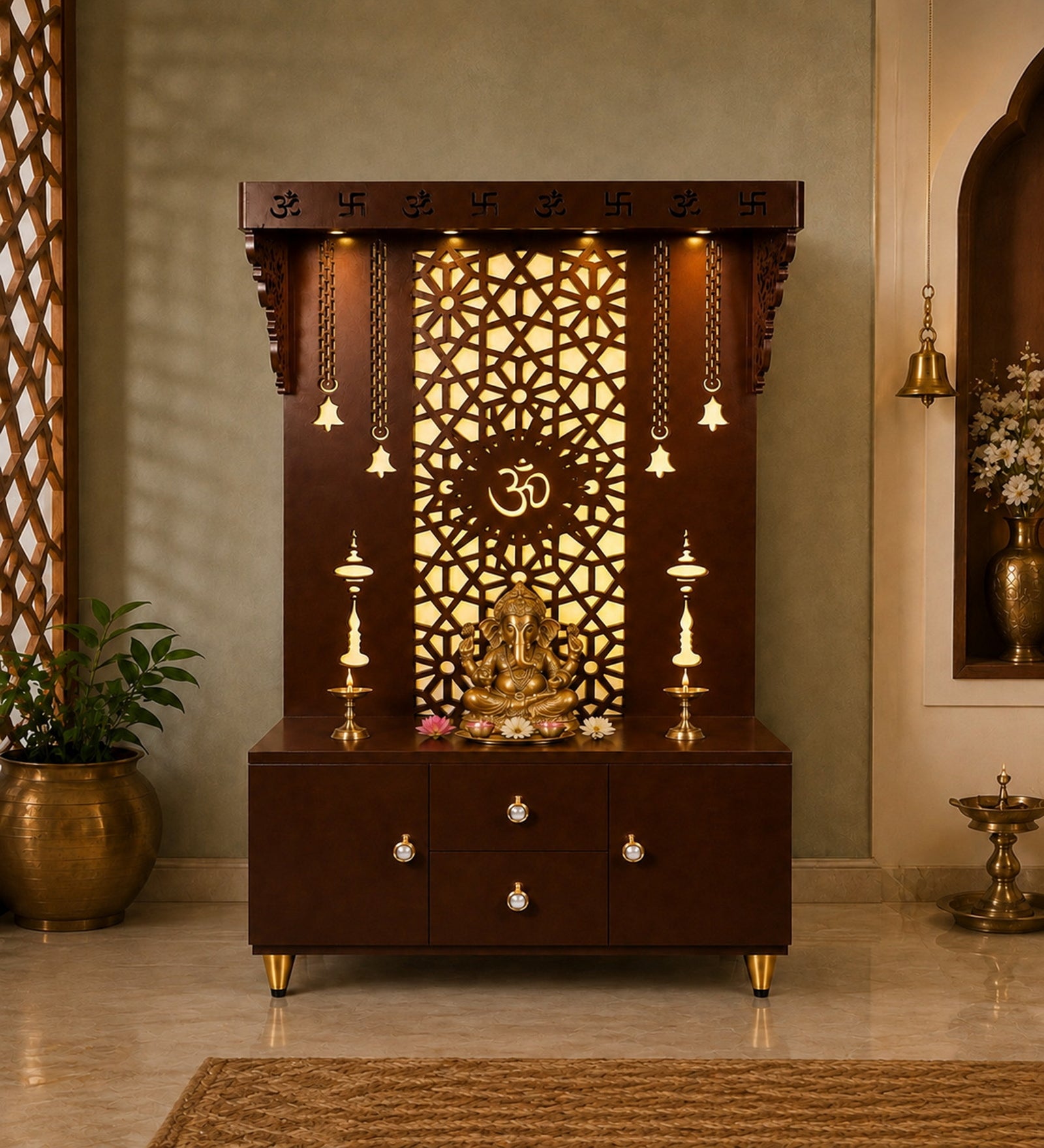 Spacious Wooden Pooja Mandir with Backlit Om Design and Storage