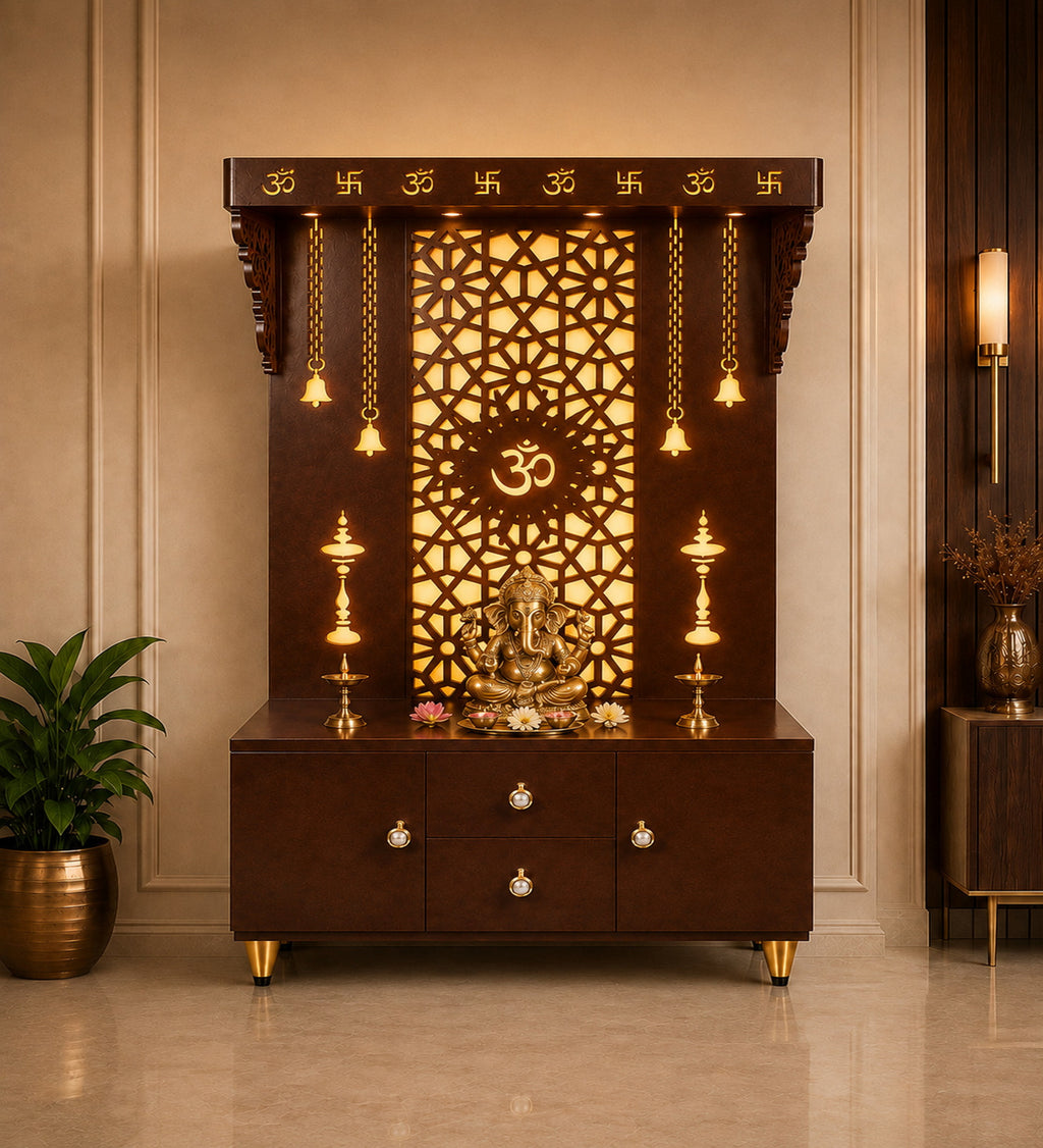 Spacious Wooden Pooja Mandir with Backlit Om Design and Storage