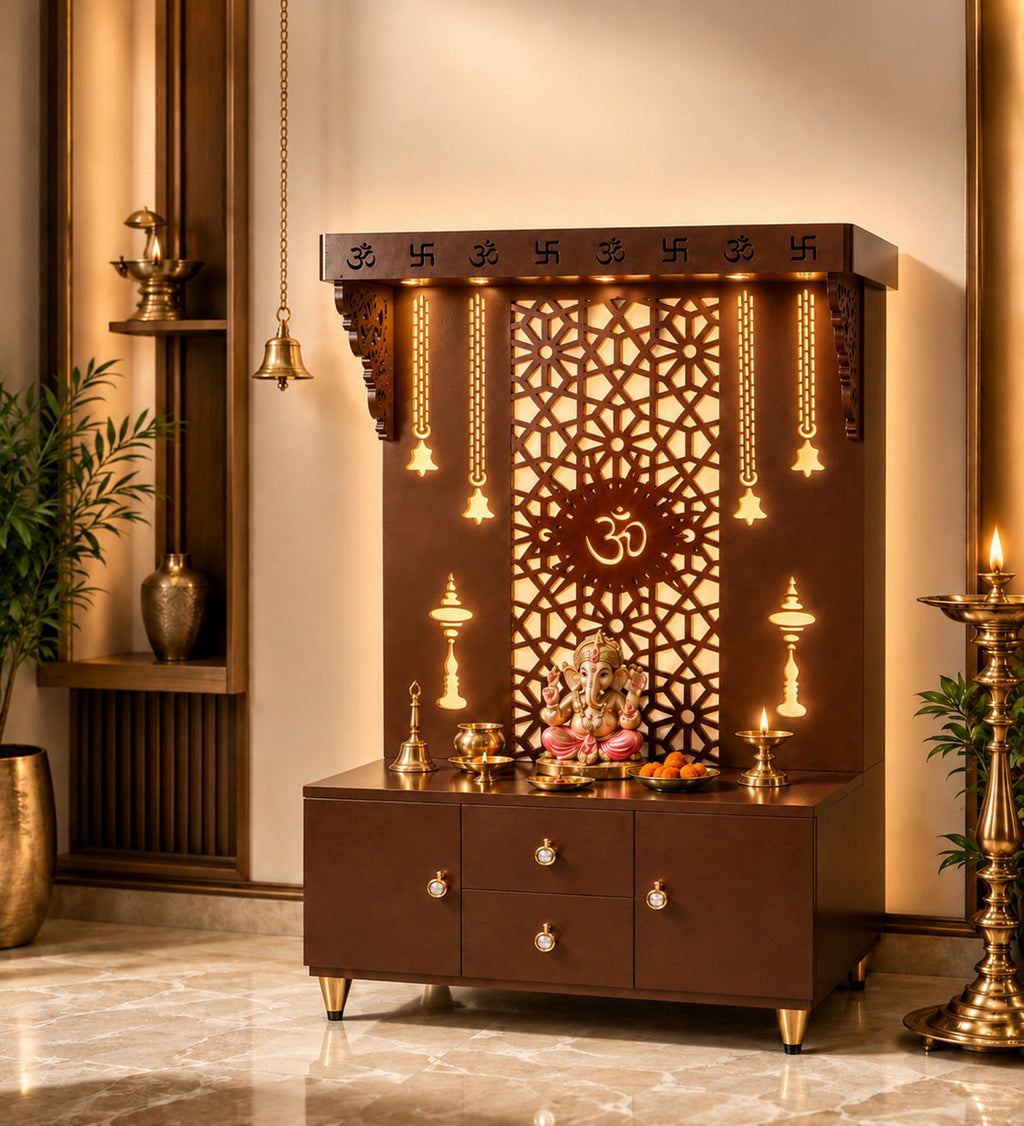 Spacious Wooden Pooja Mandir with Backlit Om Design and Storage