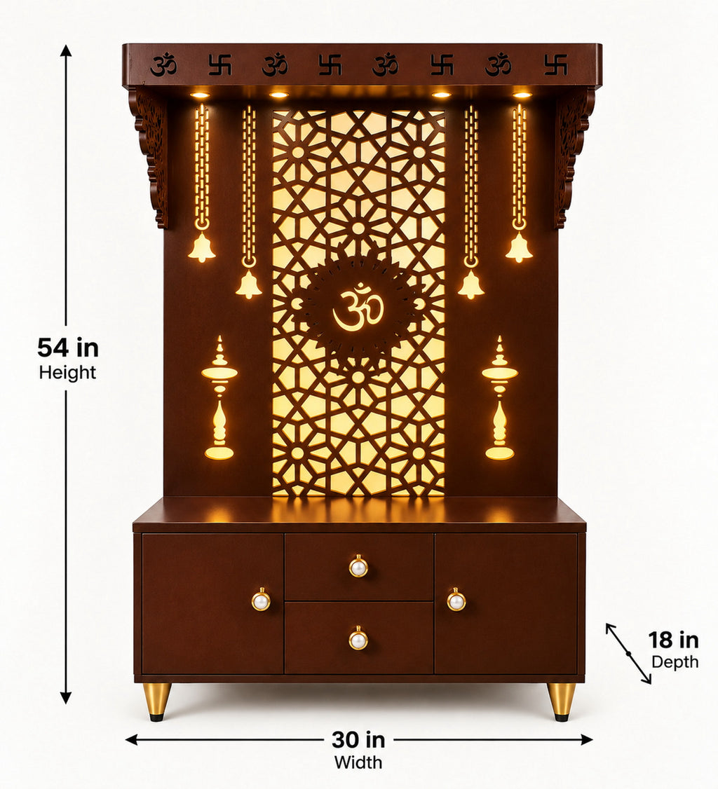 Spacious Wooden Pooja Mandir with Backlit Om Design and Storage