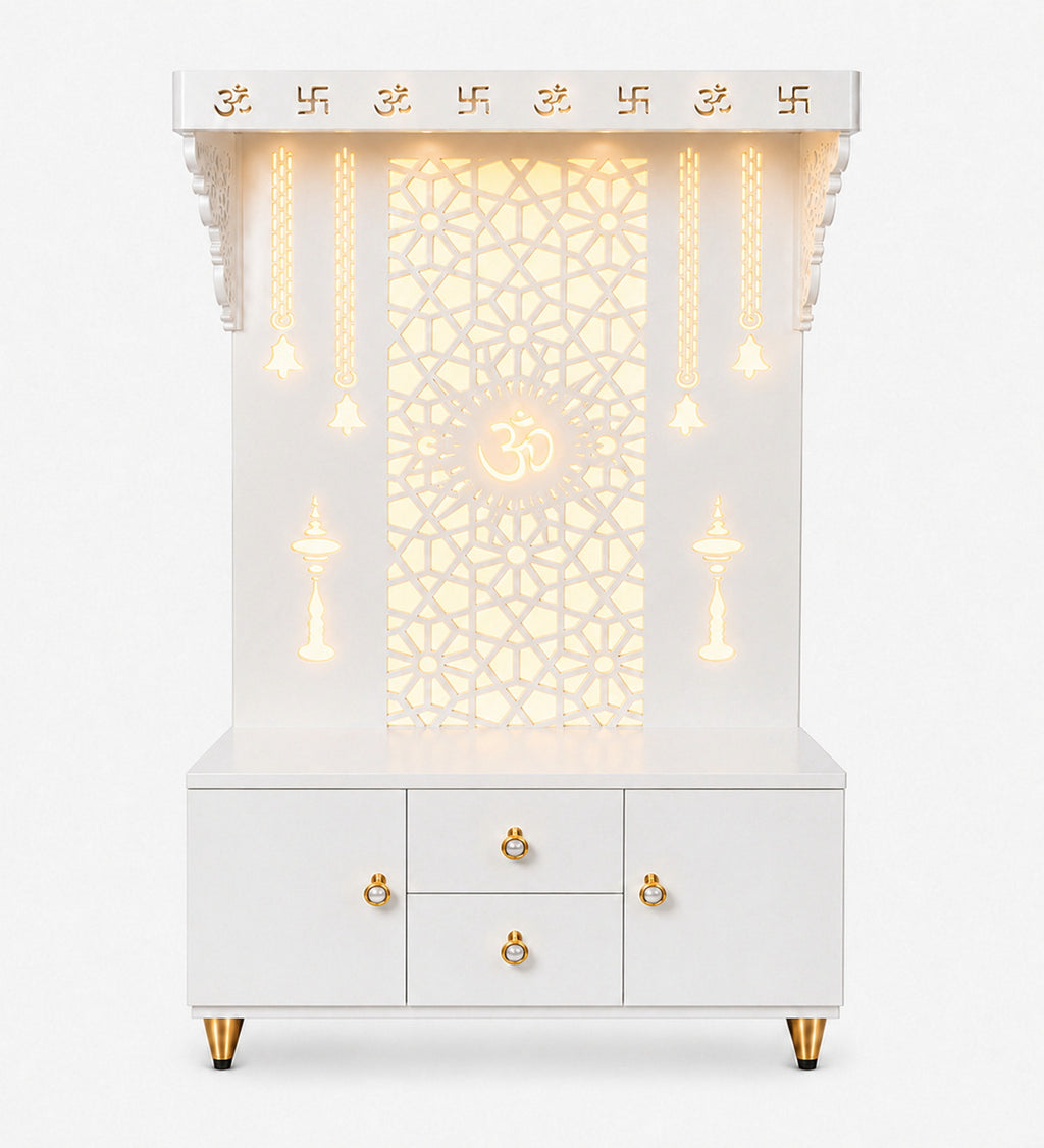 Spacious Wooden Pooja Mandir with Backlit Om Design and Storage