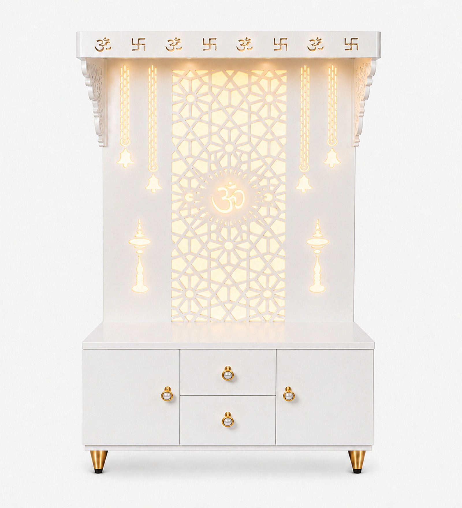 Spacious Wooden Pooja Mandir with Backlit Om Design and Storage