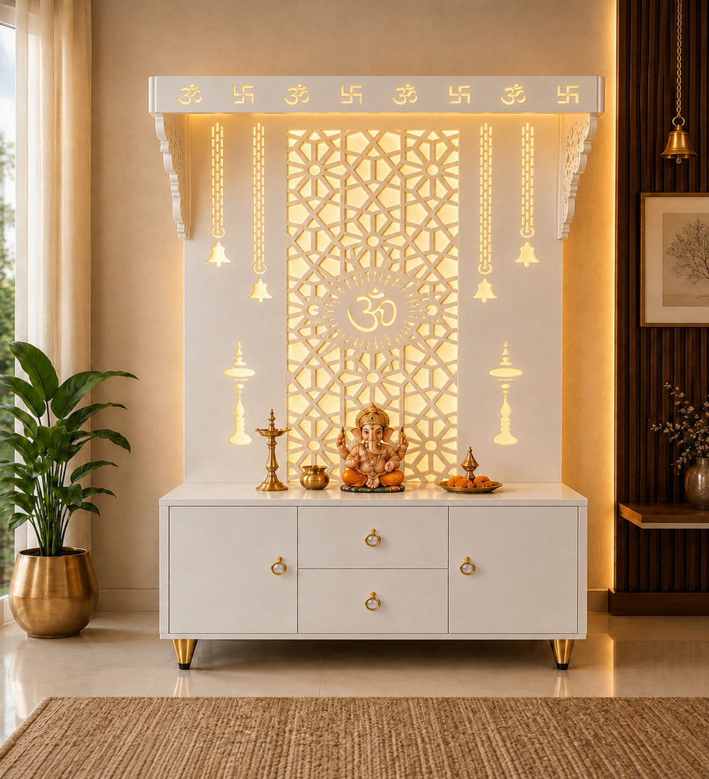 Spacious Wooden Pooja Mandir with Backlit Om Design and Storage